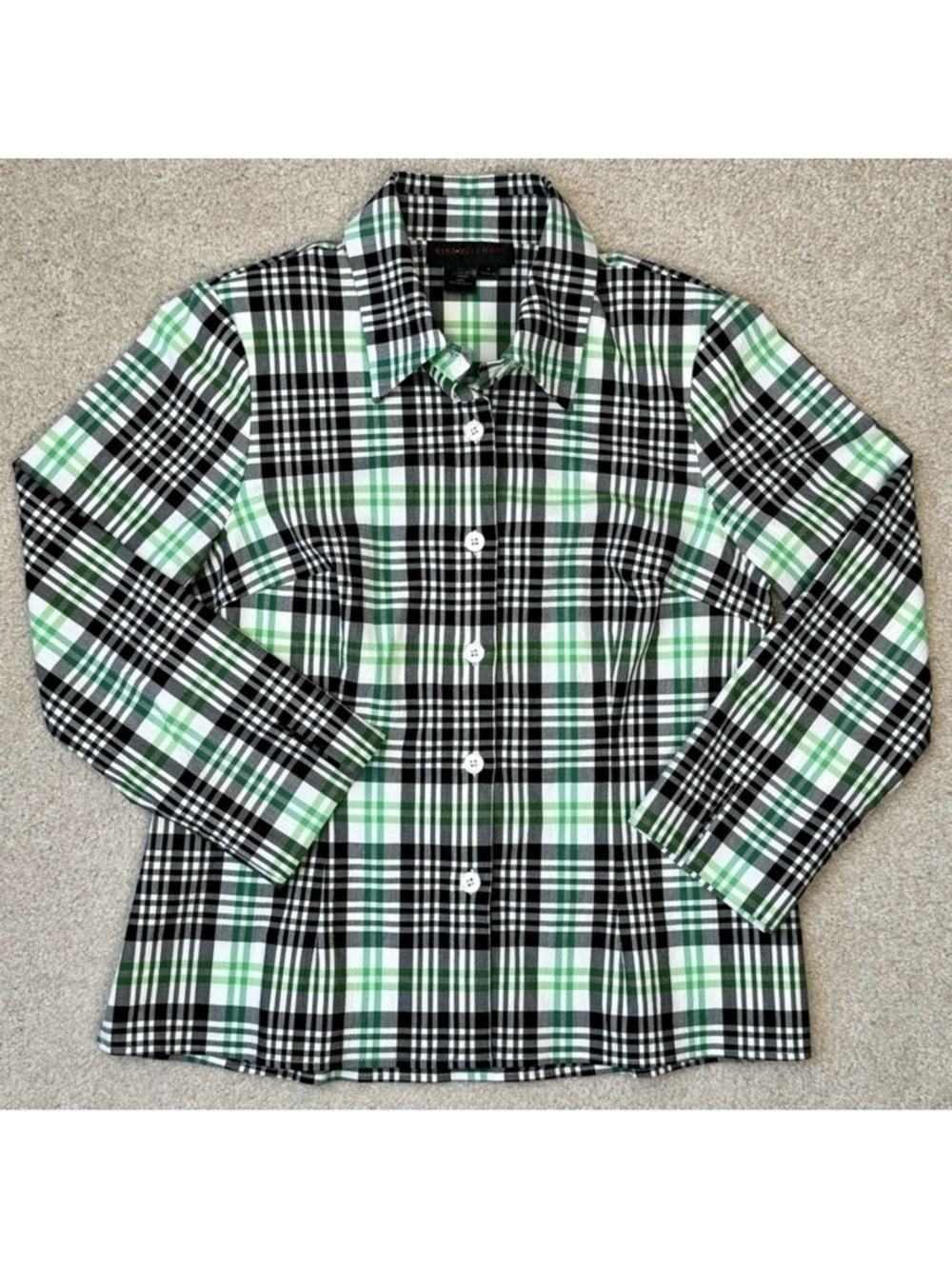 Nina McLemore Seersucker Green Black Plaid Shirt Jacket Button Up Size 4 Career